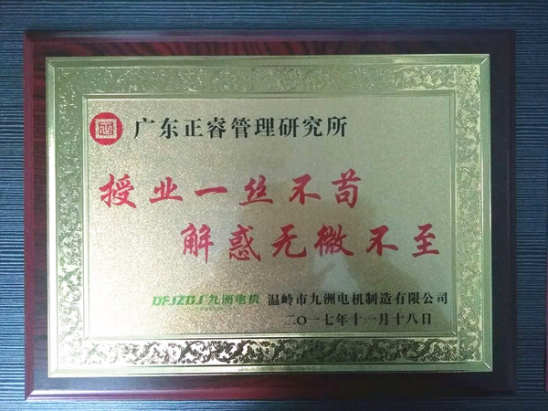 溫嶺市九洲電機制造有限公司贈與廣州正睿授業(yè)一絲不茍與，解惑無微不至牌匾